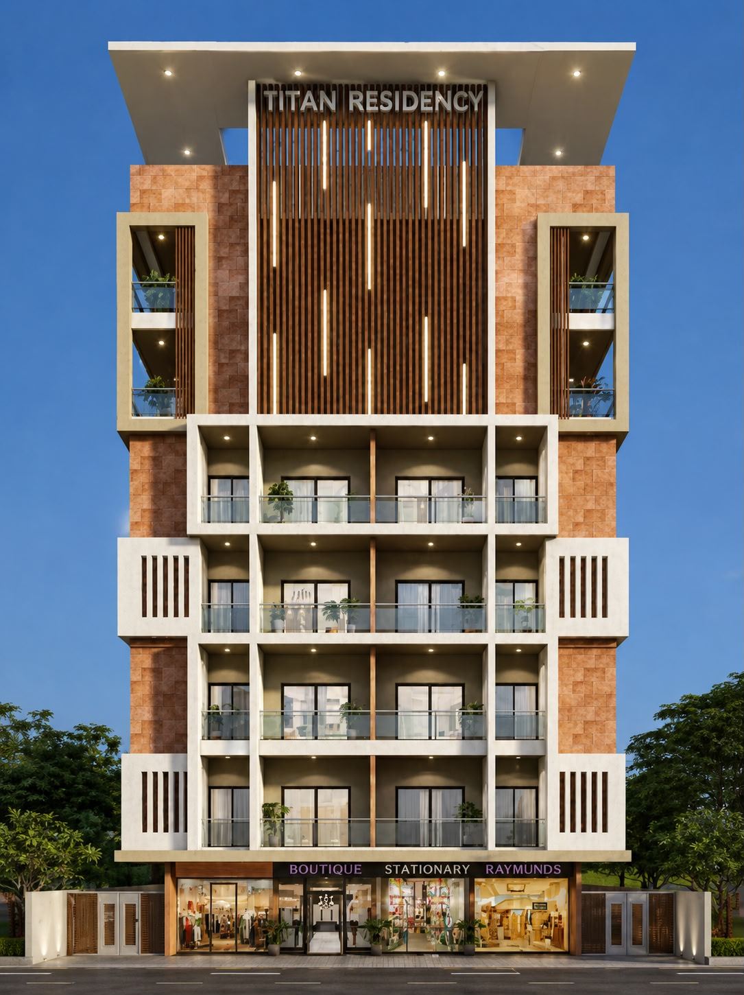 Titan Residency in Amravati — a G+6 building with shopfronts at street level and apartment balconies above.
